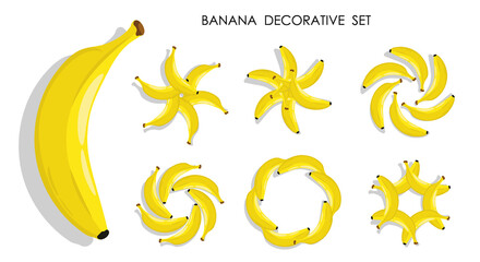 Juicy whole bananas to decorate dessert. Whole banana in form of sun or flower top view. Cartoon vector isolated on white background