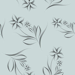 Vector seamless pattern with hand drawn black flowers on gray background
