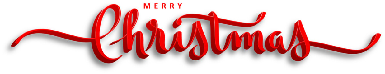 MERRY CHRISTMAS red brush calligraphy banner with drop shadow on transparent background