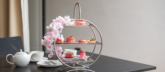 Afternoon tea set and Pink dessert at luxury hotel