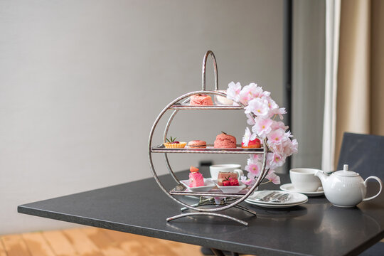 Afternoon tea set and Pink dessert at luxury hotel