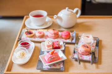 Afternoon tea set and Pink dessert at luxury hotel
