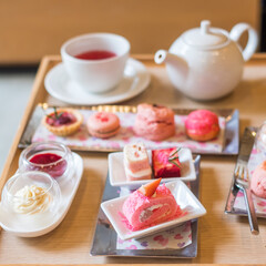 Afternoon tea set and Pink dessert at luxury hotel