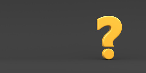 Big yellow shiny question mark on a dark background. 3d render. Illustration for advertising.