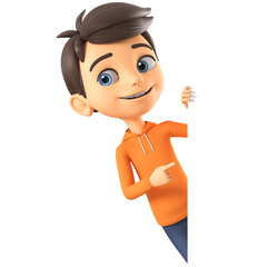 Cartoon character boy pointing his thumb at a blank board against white background. 3d render illustration.