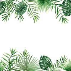 Plakat Green palm leaves seamless border. Tropical twigs, branches. Jungle florals. Watercolor free-hand illustration for postcard, invitation, banner, event flyer, poster, presentation, menu, lifestyle