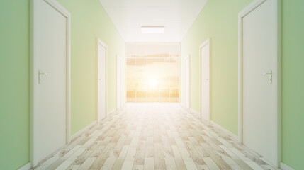 The Corridor in office building. 3D rendering. Sunset