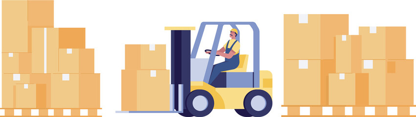 Warehouse man worker in uniform driving forklift truck stacking modern box boxes. © yellow_man