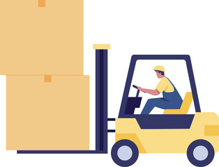 Warehouse worker in uniform drive a forklift with boxes.
