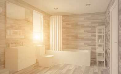 Abstract  toilet and bathroom interior for background. 3D rendering.. Sunset.