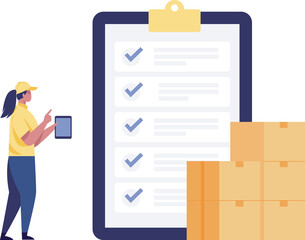 Inventory management with goods demand and stock supply tiny person concept