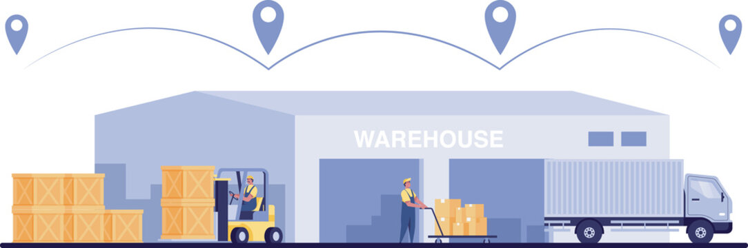 Warehouse industry with storage buildings Warehouse Logistics. Forklifts, Trucks and Racks with Boxes. warehouse management , logistics management.