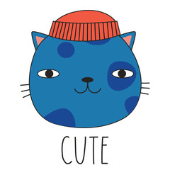 Cute cat in a red winter hat and lettering CUTE. Doodle style. Vector illustration