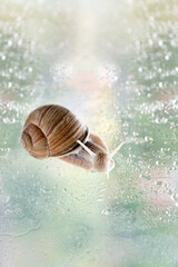 Garden snail crawling slowly on rain drop wet window glass