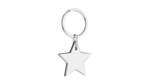 Shiny silver keyring with star on white background