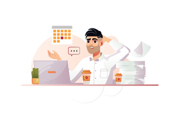 Deadline orange concept with people scene in the flat cartoon design. Employee with a lot of papers tries to complete all tasks in time. Vector illustration.