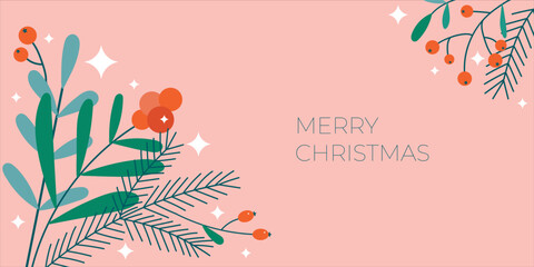 Christmas floral banner on a pink background. Flat modern cute fir branches, red berries and sparkles. Perfect for New Year letter, invitation, flyer template.