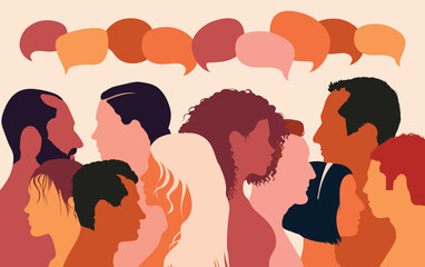 Various people speaking and talking. Cartoon heads with a diversity of ethnicities in profile. Communication concept and speech bubble. Multi-ethnic multicultural dialogue group.
