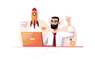 Startup orange concept with people scene in the flat cartoon design. Man turns his idea into reality and follows success. Vector illustration.
