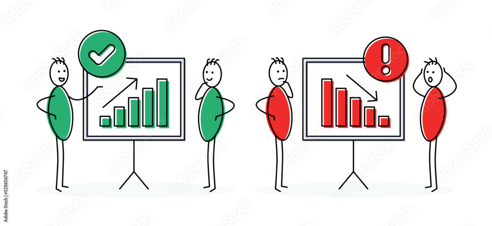 Poster Business increase and decrease graph vector banner. Person showing graphs profit vs cost reduction symbol. Vector illustration
