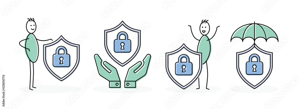 Poster Locked, security and protection vector set. Stickman with security shield symbol isolated on white background.