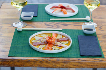 sushi, food, fish, seafood, meal, dinner, chopstick, horizontal, photography, salmon, japanese, color image, lunch, freshness, sashimi, rice, japanese food, fresh, japanese culture, japan, plate, shri