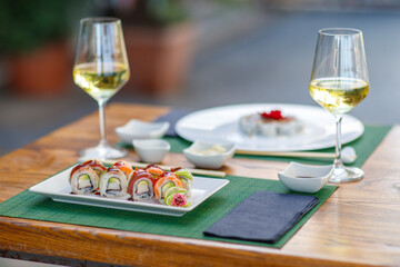 epicure, isolated, snack, tradition, vegetable, sushi, food, fish, seafood, meal, chopstick, dinner, rice, salmon, sashimi, horizontal, japanese, photography, lunch, freshness, color image, japanese f