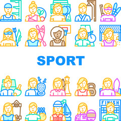 female sport woman exercise icons set vector. girl athlete, workout training, young people, healthy active gym lifestyle fitness female sport woman exercise color line illustrations