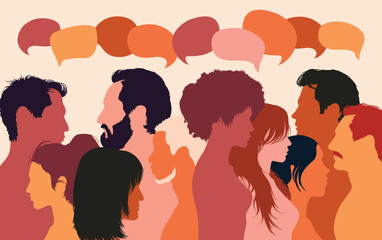 Various people speaking and talking. Cartoon heads with a diversity of ethnicities in profile. Communication concept and speech bubble. Multi-ethnic multicultural dialogue group.
