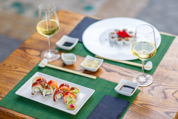 epicure, isolated, snack, tradition, vegetable, sushi, food, fish, seafood, meal, chopstick, dinner, rice, salmon, sashimi, horizontal, japanese, photography, lunch, freshness, color image, japanese f