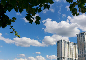 a frame of leaves on the background of new buildings and a blue sky with clouds. construction concept. selective focus. High quality photo