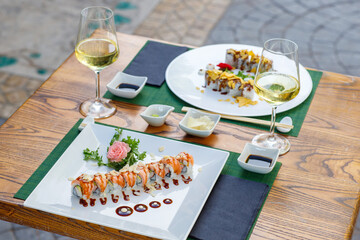 epicure, isolated, snack, tradition, vegetable, sushi, food, fish, seafood, meal, chopstick, dinner, rice, salmon, sashimi, horizontal, japanese, photography, lunch, freshness, color image, japanese f