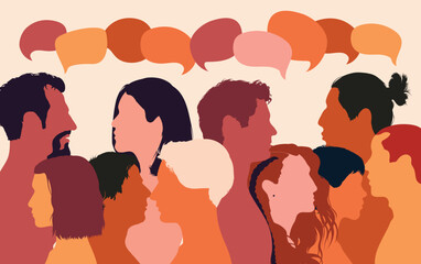 Various people speaking and talking. Cartoon heads with a diversity of ethnicities in profile. Communication concept and speech bubble. Multi-ethnic multicultural dialogue group.
