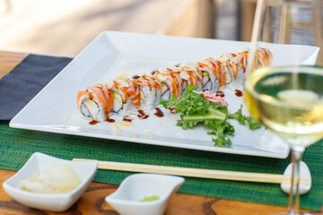 epicure, isolated, snack, tradition, vegetable, sushi, food, fish, seafood, meal, chopstick, dinner, rice, salmon, sashimi, horizontal, japanese, photography, lunch, freshness, color image, japanese f