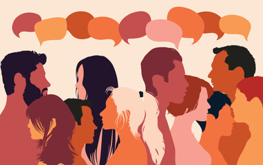 Various people speaking and talking. Cartoon heads with a diversity of ethnicities in profile. Communication concept and speech bubble. Multi-ethnic multicultural dialogue group.
