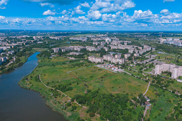Ukrainian city of Krivoy Rog from above. Residential buildings, city center. Landmark of Ukraine. Aerial view of cityscape
