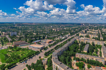 Fototapeta na wymiar Ukrainian city of Krivoy Rog from above. Residential buildings, city center. Landmark of Ukraine. Aerial view of cityscape