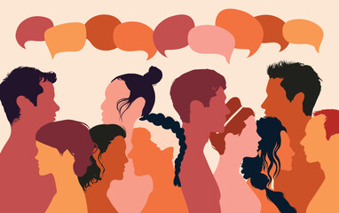 Various people speaking and talking. Cartoon heads with a diversity of ethnicities in profile. Communication concept and speech bubble. Multi-ethnic multicultural dialogue group.
