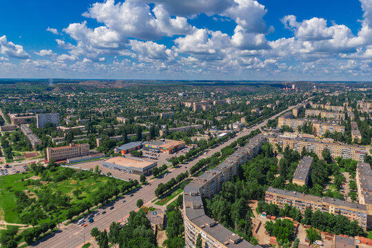 Ukrainian city of Krivoy Rog from above. Residential buildings, city center. Landmark of Ukraine. Aerial view of cityscape