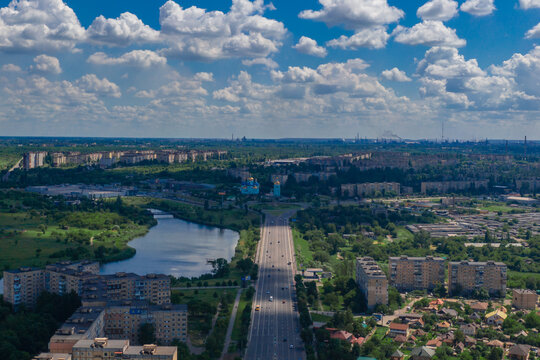 Ukrainian city of Krivoy Rog from above. Residential buildings, city center. Landmark of Ukraine. Aerial view of cityscape