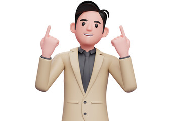businessman in brown suit and black shirt raises both index fingers and looks up, 3d illustration of a businessman pointing up being grateful