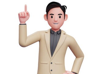 businessman in brown suit pointing up with index finger, 3d illustration of a businessman raising finger