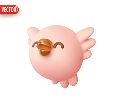 Cheerful bird round shape. The bird flies with its wings open. Realistic 3d design element In plastic cartoon style. Icon isolated on white background. Vector illustration