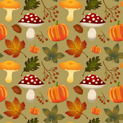 Mushrooms seamless pattern. Colorful autumn.
