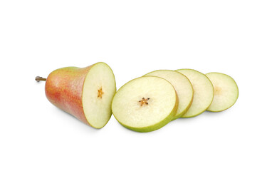 Cross sections of juicy red-green pear isolated on white background   