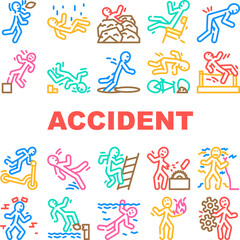 accident injury man person icons set vector. human car crash, fail safety, road danger, slip caution, work risk traffic accident injury man person color line illustrations