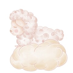 Cute children's illustration of a lamb on a cloud, beige and pink watercolor paints