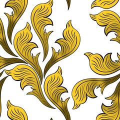 Decorative golden pattern of plant elements on a white background