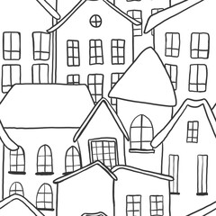 Decorative, seamless pattern of simple doodle, illustrations of houses