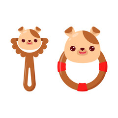 A baby rattle with a handle and a ring. A rattle with a cartoon dog for kids. A gift for newborns.
